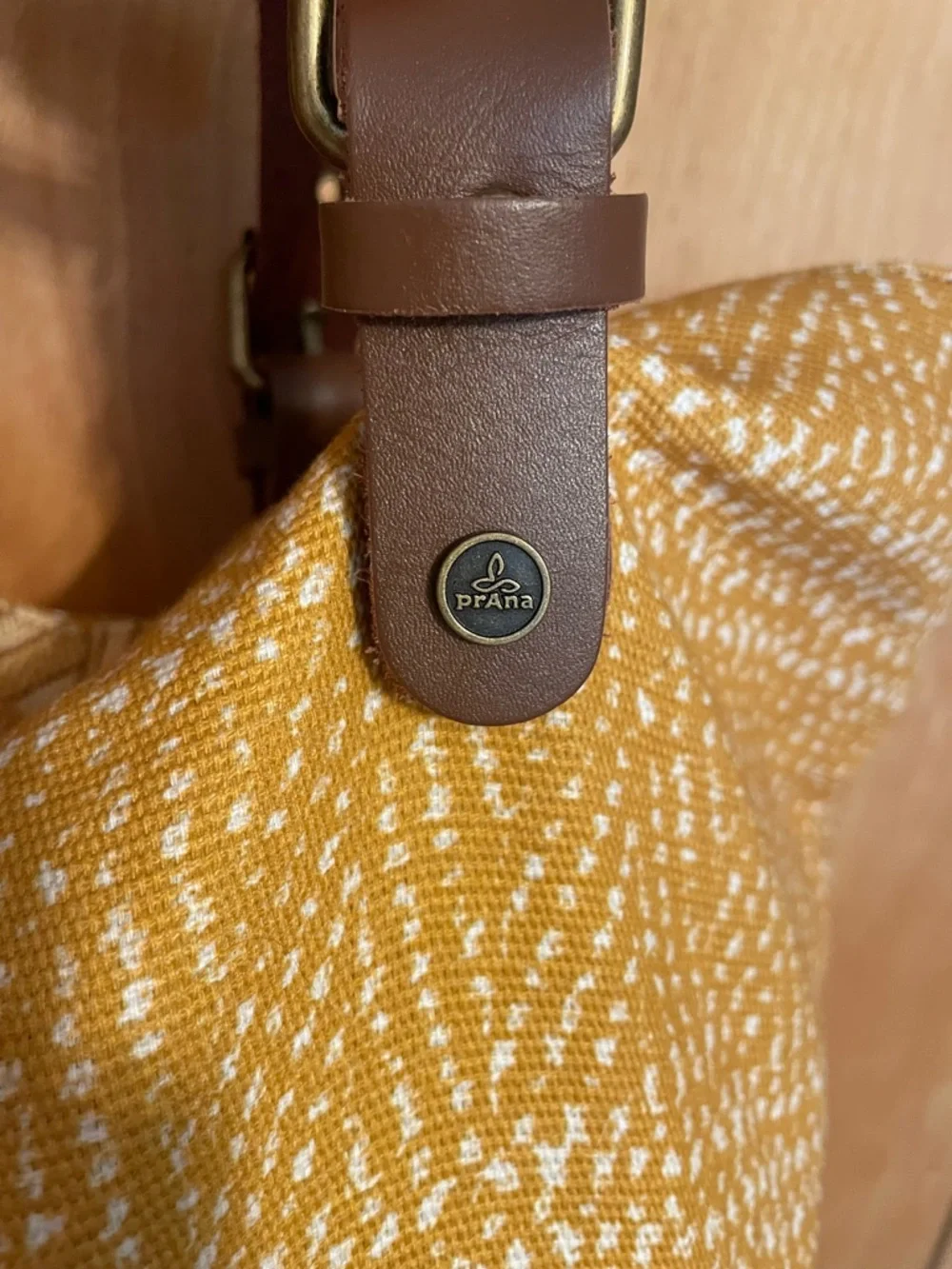 Prana Mustard Yellow Patterned Tote with Brown Straps